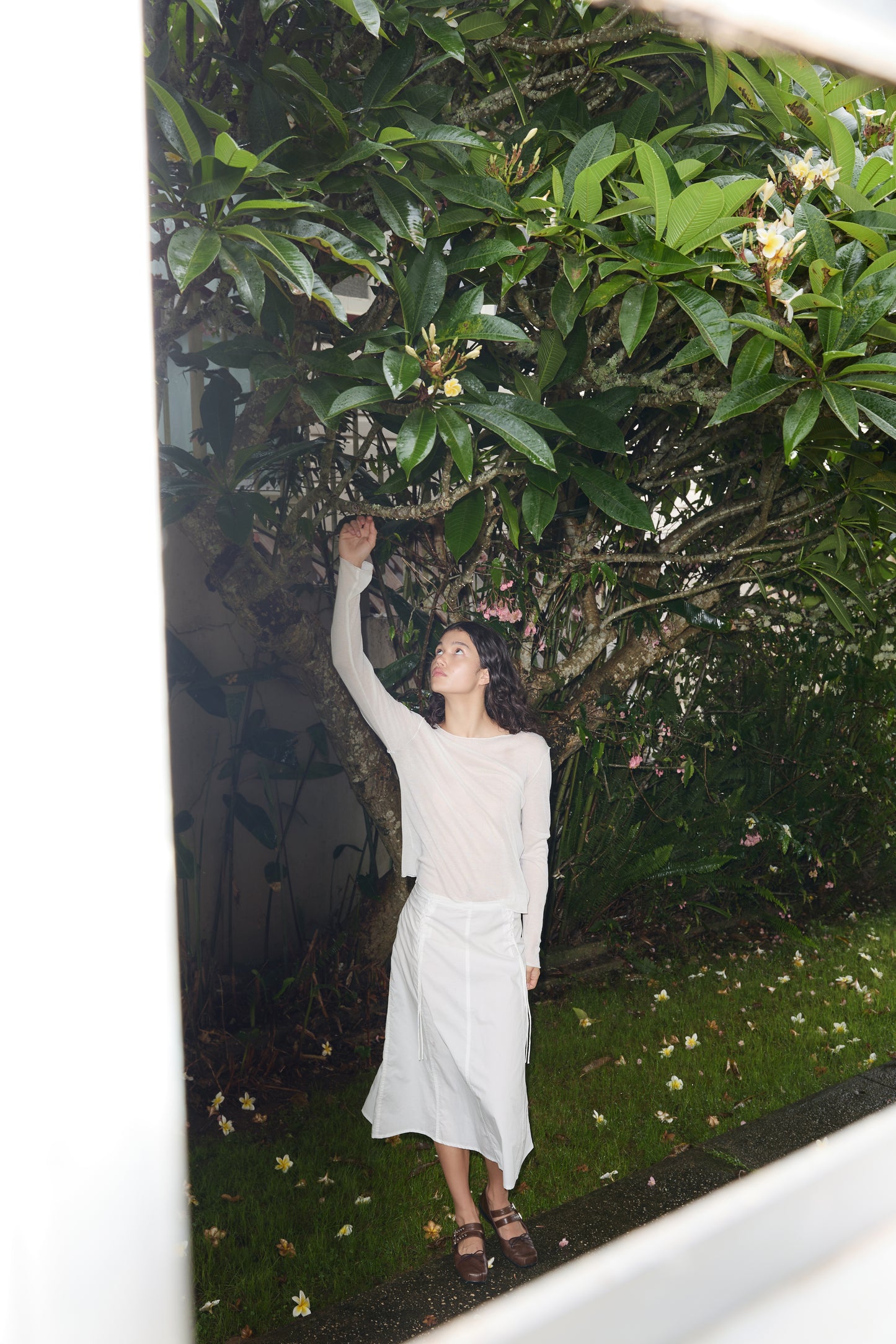 A woman wears the Knit Long Sleeve - Off White, OEKO-TEX 100 certified, standing on grass under a leafy tree and reaching toward the branches as white flowers are scattered on the ground.