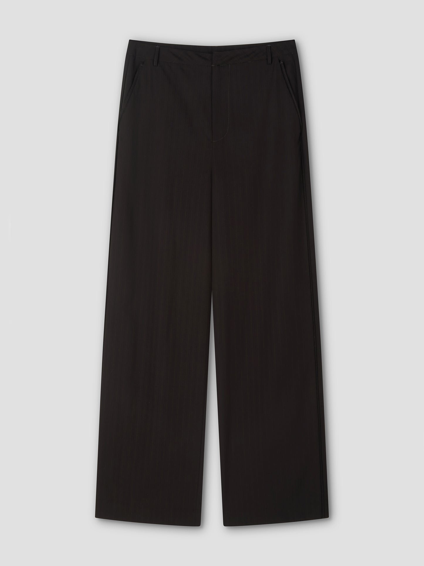 The Bind Pant - Charred Black Stripe features black wide-leg trousers with side pockets, belt loops, and a front zipper, shown against a plain light gray background.