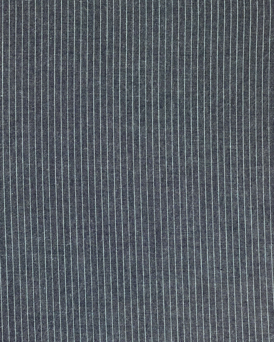 The Ease Trouser - Blue Pinstripe features smooth, soft organic cotton with thin vertical white pinstripes, an elastic waist, and a relaxed fit—combining comfort and style for everyday wear.