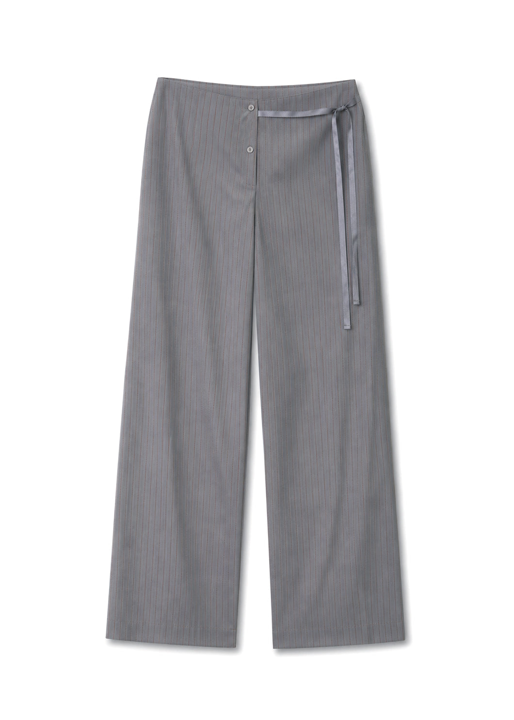 The Boxer Pant - Grey Stripe features a wide-leg, high-waisted design with subtle vertical pinstripes, side button closure, and a thin tie at the relaxed elasticated waistband, shown laid flat on a white background.
