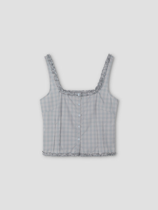 Deiji Studios Button Frill Top - Blue Check: Light blue and white checkered top with ruffle trim on straps, neckline, and hem, front buttons, and square neckline. Shown against a plain white background.