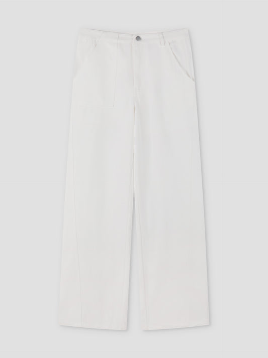 The Pocket Jean - White features a wide-leg fit, button fastening, front seam detail, and side pockets, shown laid flat on a light grey background.