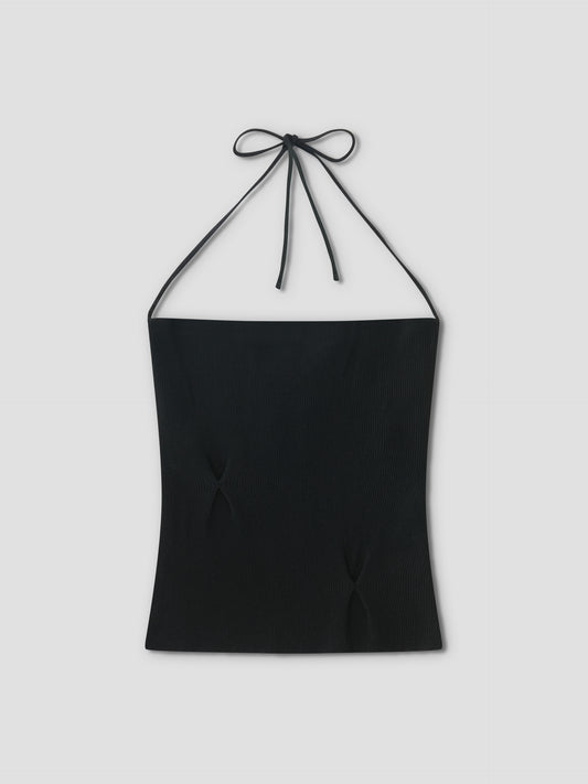 The Fine Knot Tank - Black features fine knit fabric, a straight neckline, and thin halter straps tied in a bow at the neck, shown flat on a light gray background.