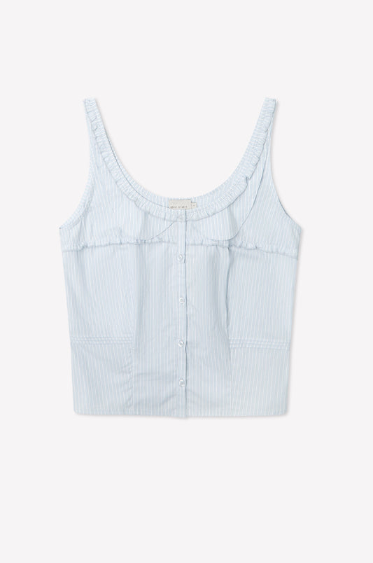 The Pintuck Collar Set - Mist Stripe features a light blue and white striped sleeveless cotton poplin top with a scoop neckline, front buttons, and ruffle detailing across the chest, shown on a plain white background.