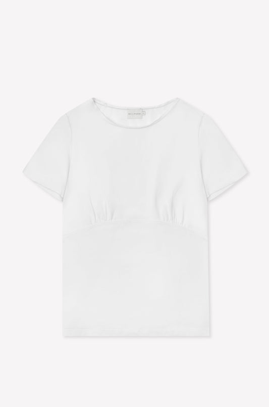 The Tape Tee - White by Deiji Studios is a fitted short sleeve top with a round neckline and subtle seam detailing under the bust, shown laid flat on a white background.