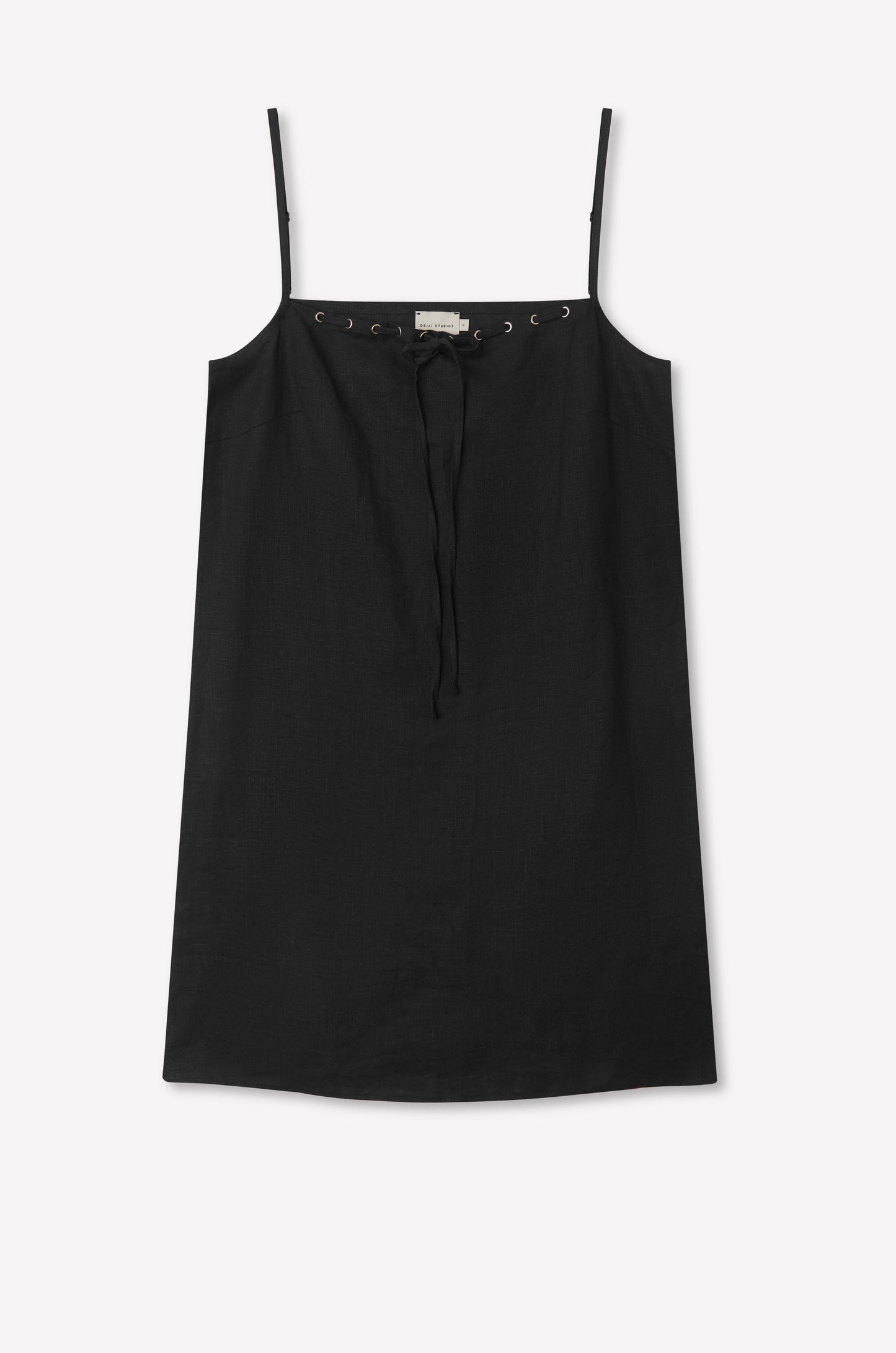 The Weave Mini - Black is a sleeveless camisole top with thin adjustable straps and a tie detail at the neckline, shown on a plain white background.