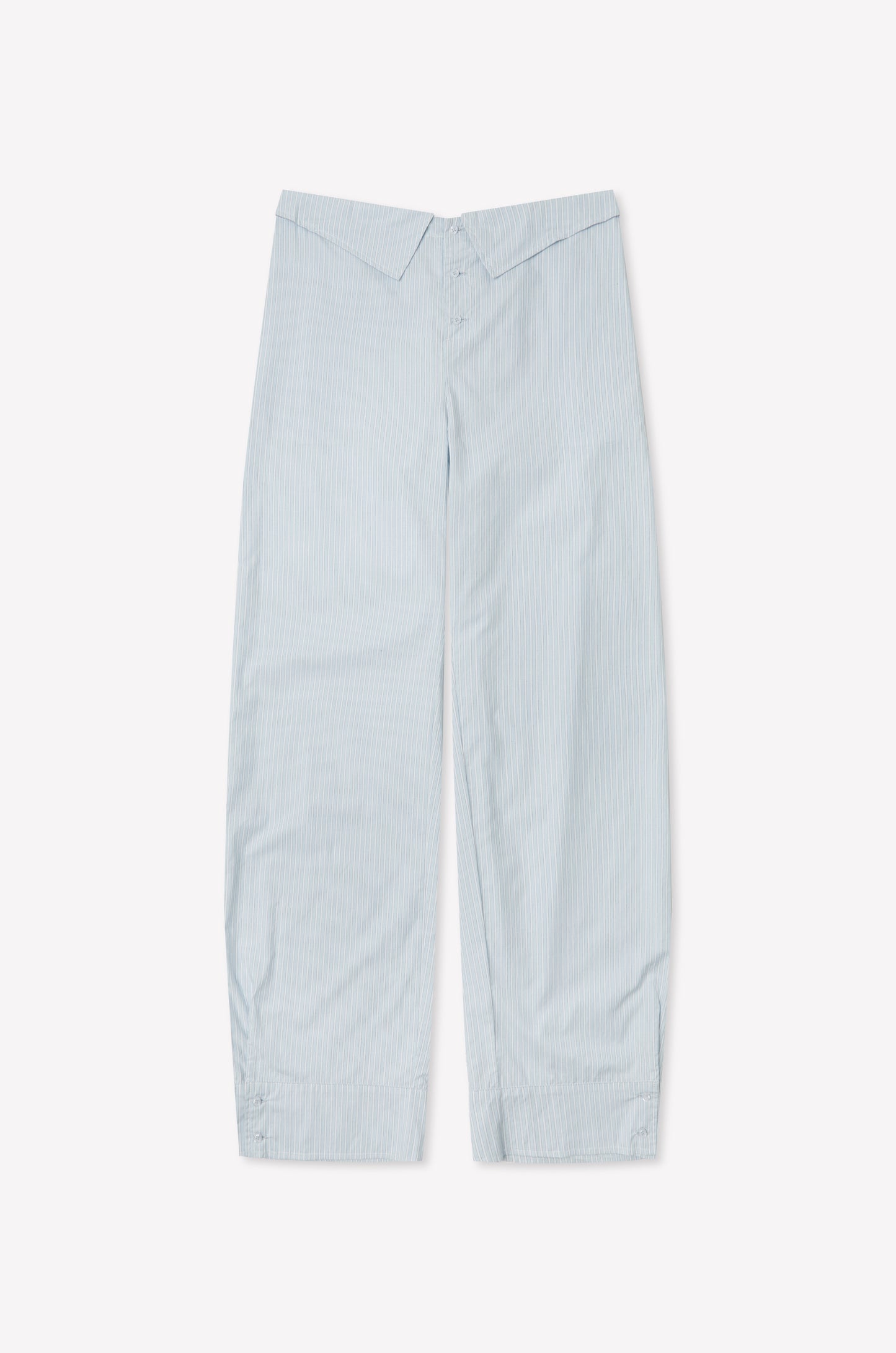 The Collar Point Pant - Mist Stripe features light blue and white pinstripes, a high waist, and an easy-leg silhouette. Made from lightweight cotton poplin for all-day comfort, shown laid flat on a white background.