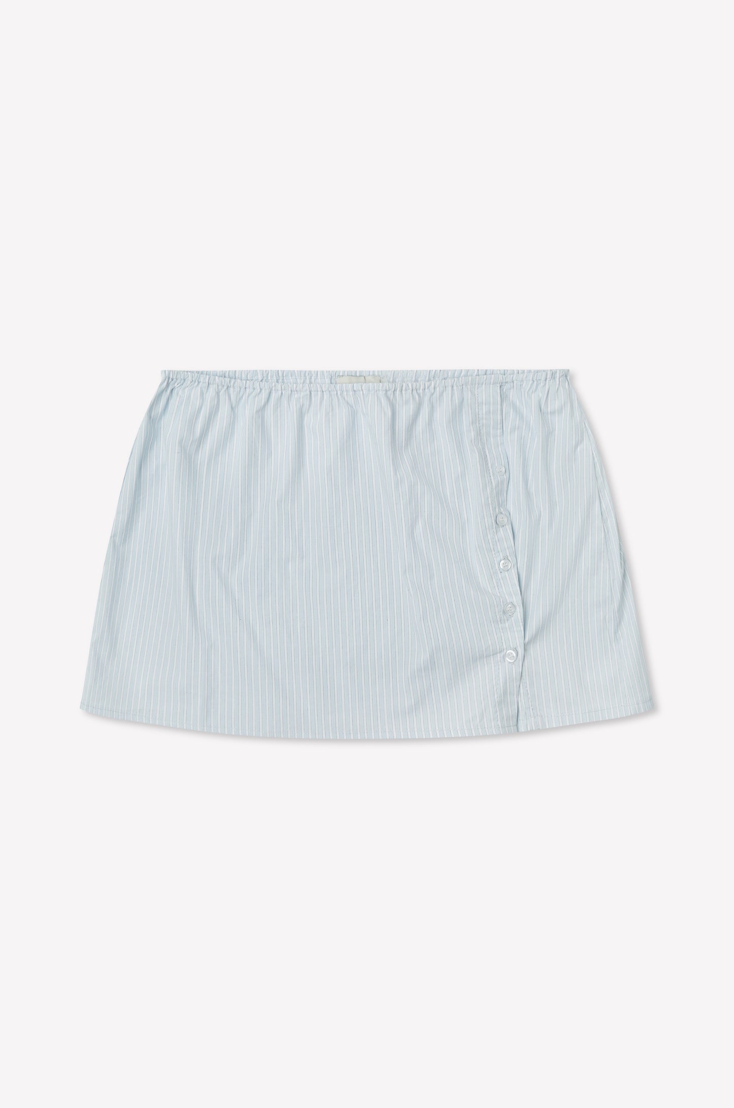 The Pleat Split Skirt - Mist Stripe is a light blue cotton poplin mini skirt with pinstripes, an elastic waistband, and three side buttons, shown on a white background. Inspired by Deiji Studios.