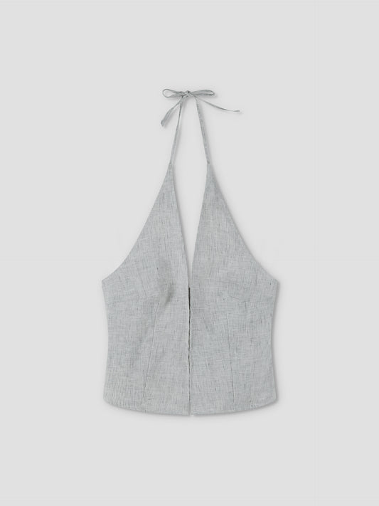 The Close Halter Top - Fine Stripe by Deiji Studios features a light gray hue, deep V neckline, fine stripe pattern, fitted silhouette, and neck tie closure, shown against a plain light background.