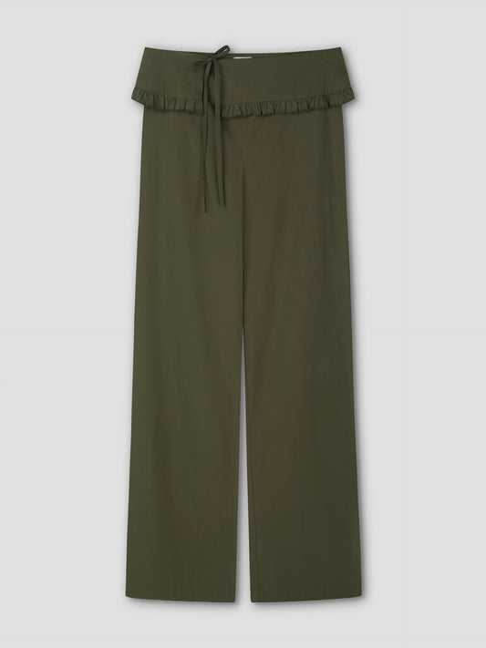 The Flounce Belt Pant - Khaki features a wide-leg, high ruffled waistband with a matching tie belt. Inspired by Deiji Studios, it offers a relaxed fit and seamless design with no visible pockets or fastenings.