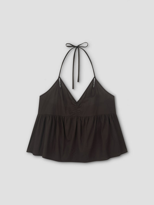 The Keyhole Halter Top - Wine by Deiji Studios is a sleeveless, keyhole halter with a gathered bust, flared fit, and thin neck-tie straps. Shown on a plain light gray background.