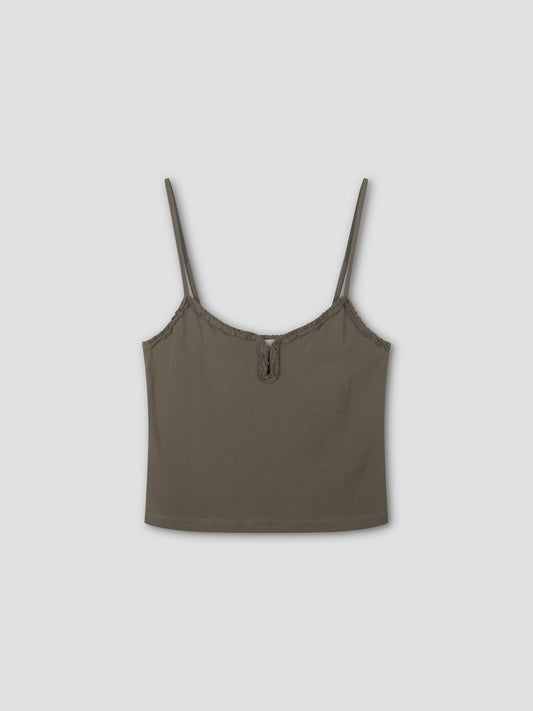 The Clasp Singlet - Khaki is a green camisole crop top with thin adjustable straps and a small bow at the neckline, inspired by Deiji Studios and shown on a plain light gray background.