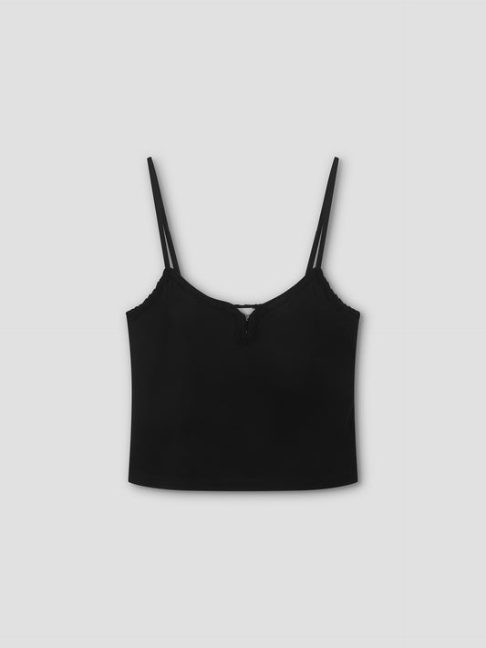 The Clasp Singlet - Black by Deiji Studios is a cropped camisole with thin double spaghetti straps and a sweetheart neckline with a small keyhole detail, shown flat on a light grey background.