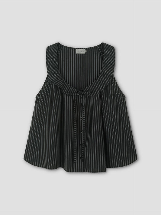 The Round Collar Top - Mono Stripe is a sleeveless black top with white vertical pinstripes, featuring a ruffled round collar and front tie detail, inspired by Deiji Studios. Displayed against a light gray background.