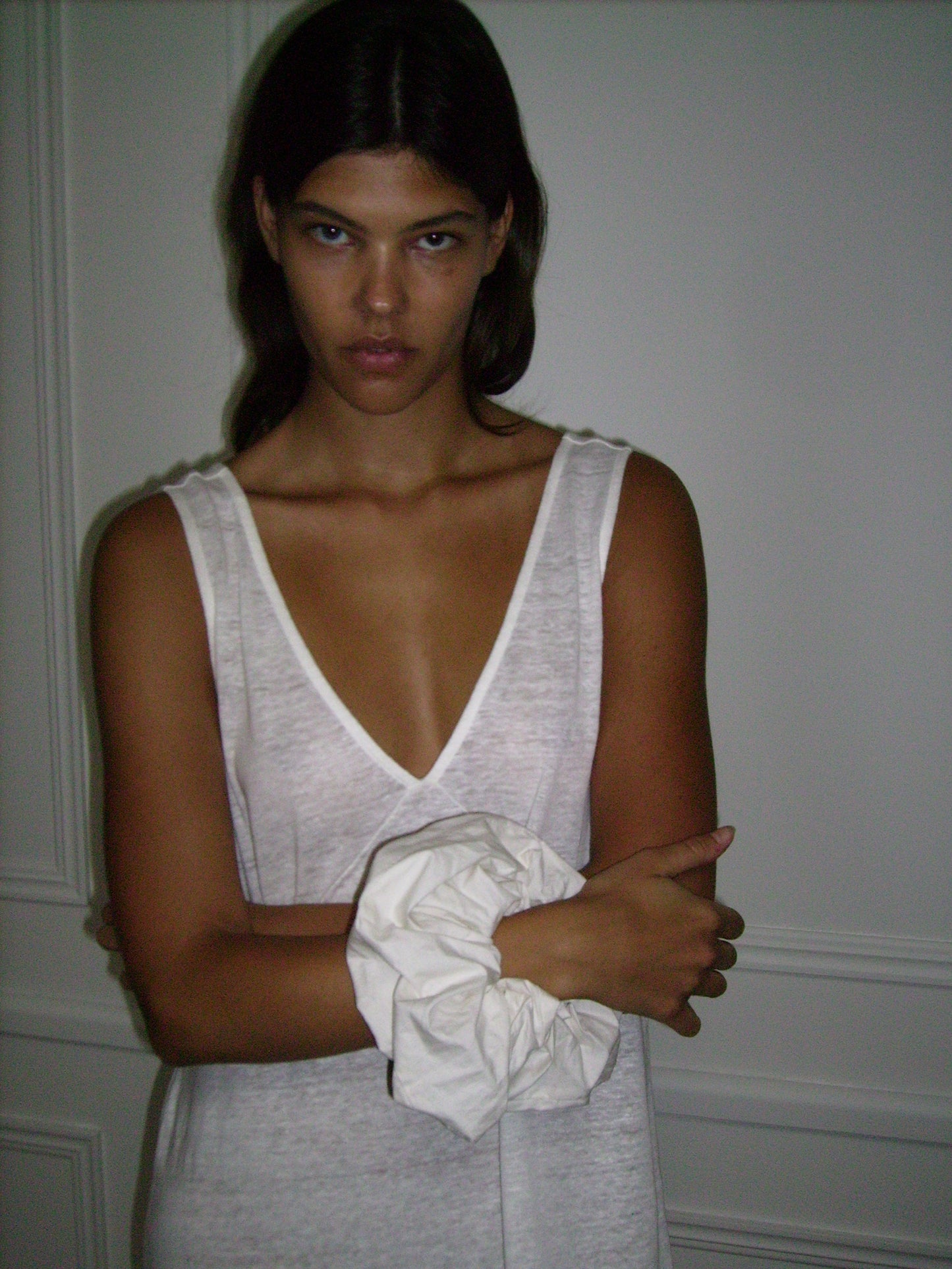 Female model wearing scrunchie - off white by Deiji Studios against plain background