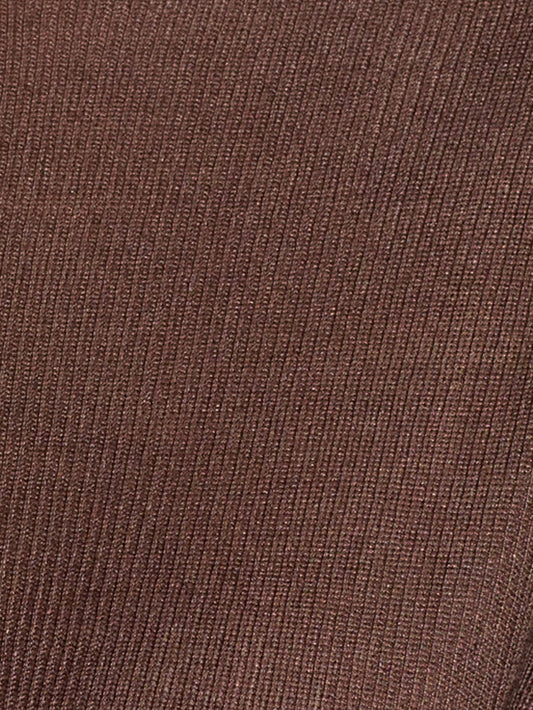 Close-up of the Knitted Top - Dark Brown, featuring a brown ribbed fabric with fine vertical lines and a softly textured, stretchy ecoviscose material often used in clothing.
