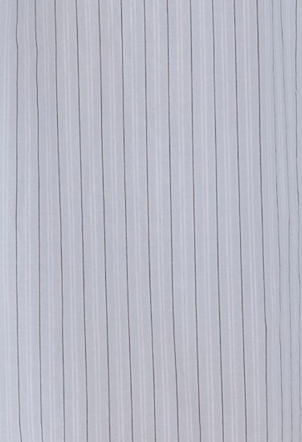 A close-up of the Room Shirt - Mineral Stripe shows light gray or white fabric with thin, evenly spaced vertical black pinstripes.