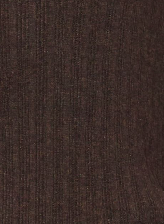Close-up of the Polo Knit - Dark Almond shows a dark brown ribbed fabric with uniform vertical textured lines and a rich, warm color.