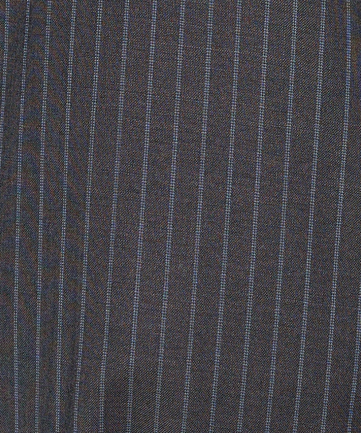 Close-up of dark gray fabric featuring thin, evenly spaced vertical white pinstripes. The visible texture suggests it is the Pure Wool Zip Pant - Charcoal Stripe, a relaxed leg wool pant ideal for sophisticated formal wear.