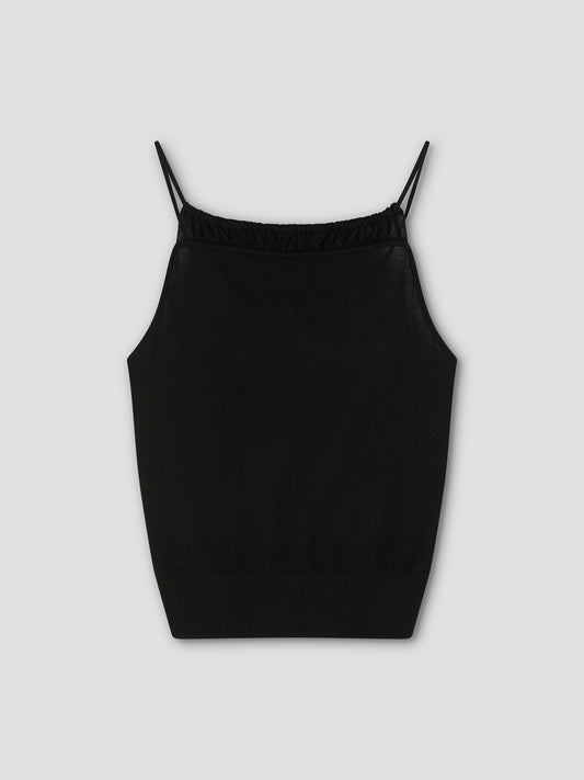 The Drawcord Knit Top - Black is a sleeveless, fine knit tank with thin spaghetti straps and an adjustable ruched neckline, shown against a light gray background.