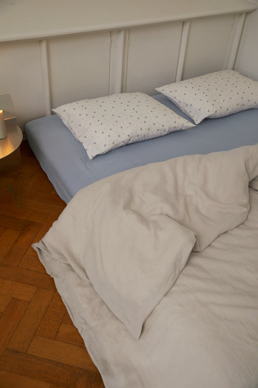 Light room with queen bed topped with Duvet cover - Oatmeal by Deiji Studios