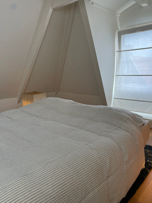 Light room with queen bed topped with Duvet cover - River Stripe by Deiji Studios