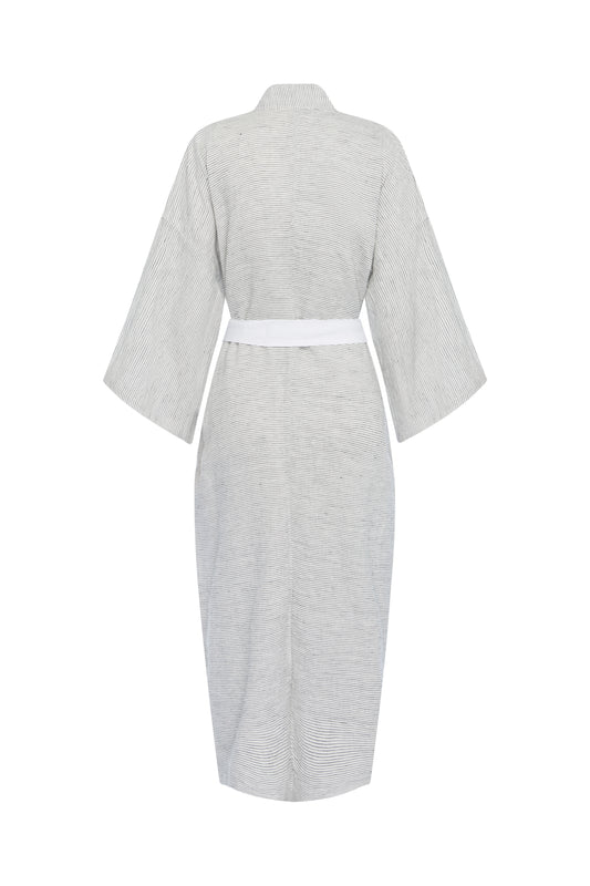 The 02 robe - pinstripe is a light gray, knee-length robe with wide sleeves and a white linen waist tie, shown from the back on a plain white background.