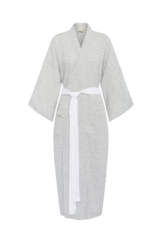 The 02 robe - pinstripe: a knee-length light gray pinstripe robe with wide sleeves and a white linen waist tie, shown on a plain white background.