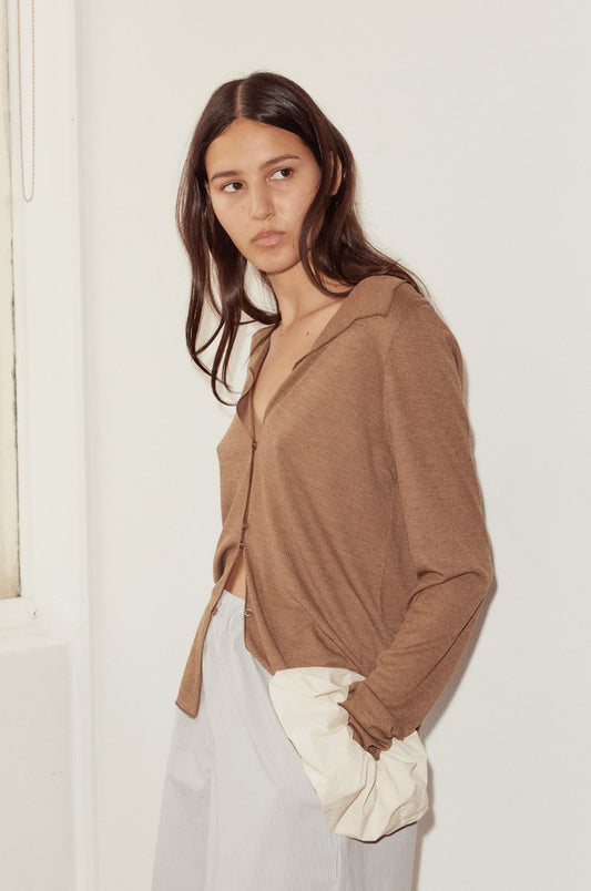 Female model wearing Open Long Sleeve Top - Coffee by Deiji Studios against plain background