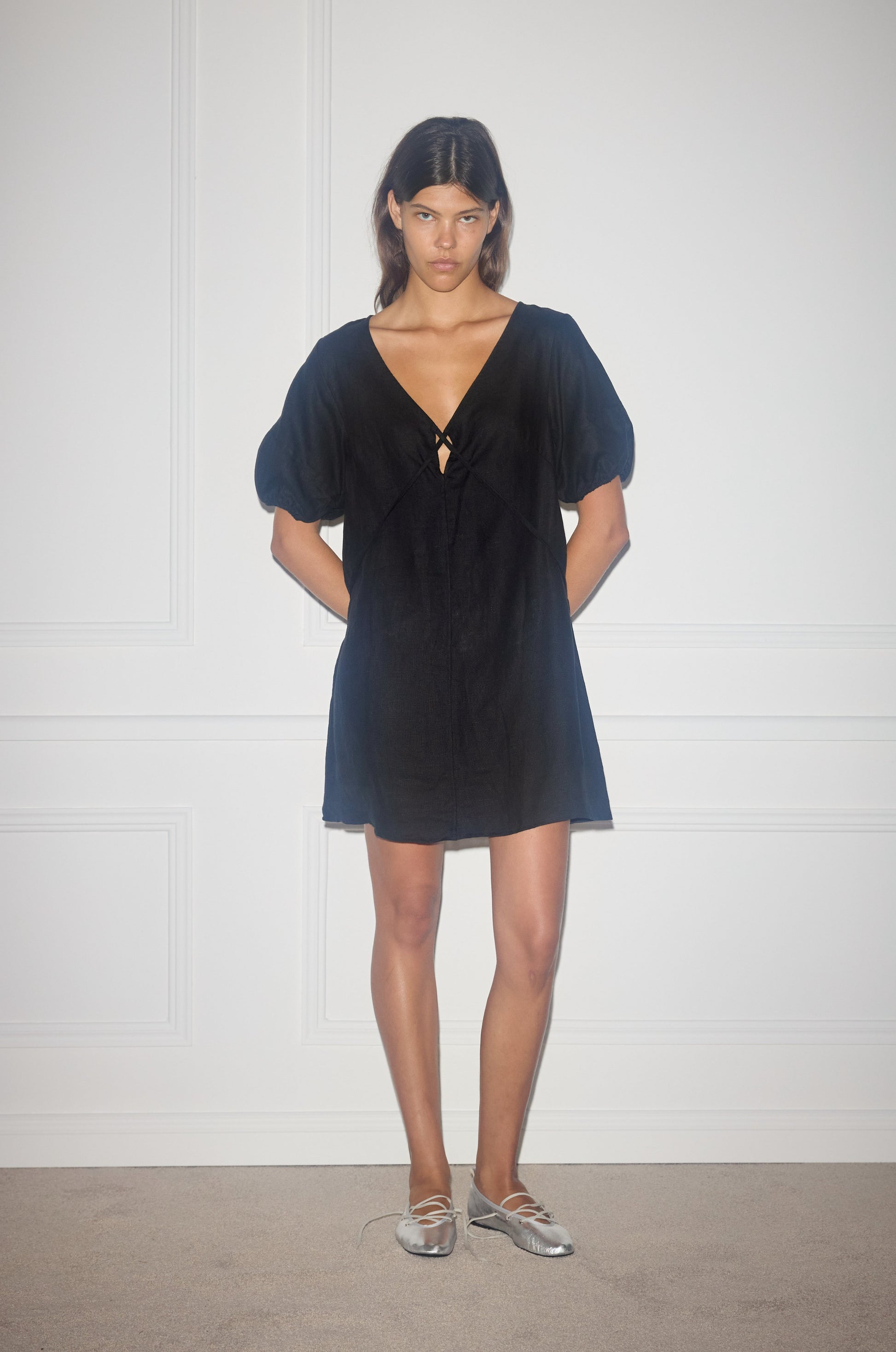 Tie Seamed Short Dress - Black by Deiji Studios against plain background