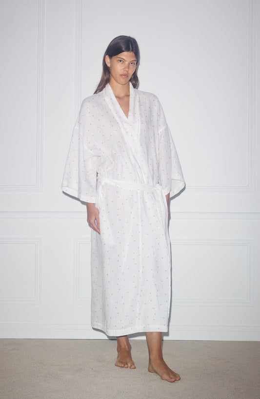 Front shot of female model wearing the 02 Robe - Corsage Print - Deiji Studios