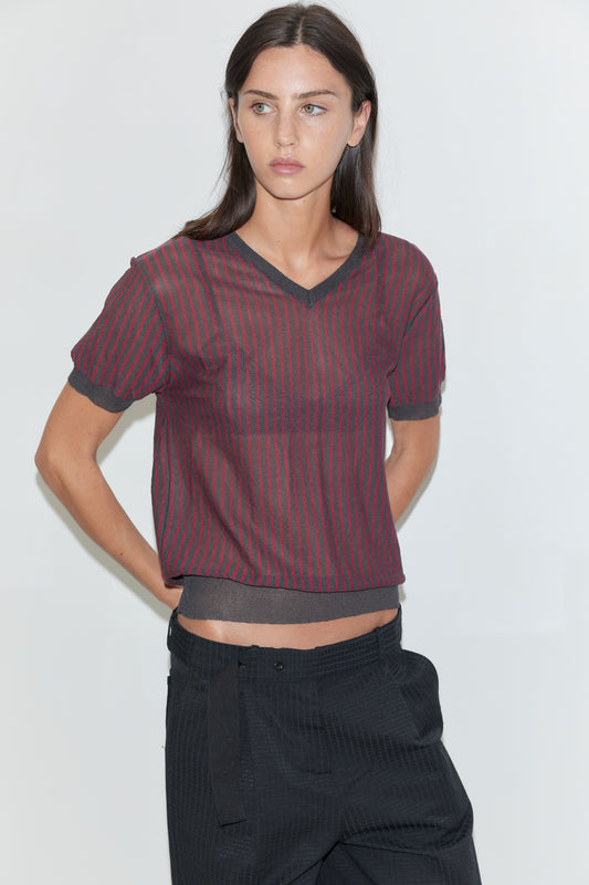 A cropped front view of a woman wearing the Cross Neck Tee - Red Stripe by Deiji Studios, a fine red and charcoal striped knit tee with a V-neckline, over black trousers against a plain white background.