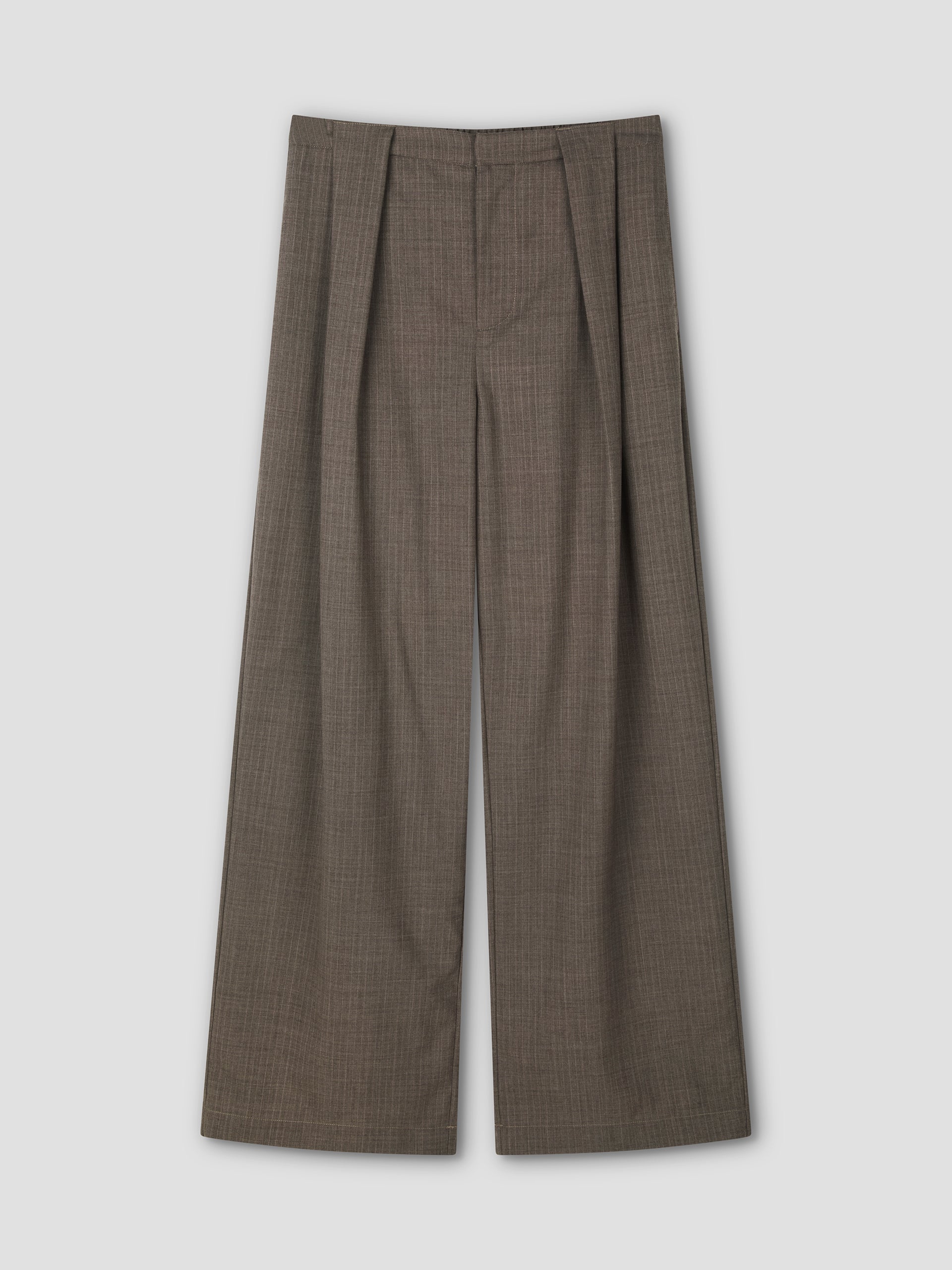 The Belt Loop Pant - Grey Pink Stripe by Deiji Studios features a relaxed wide-leg fit, front pleats, and belt loops at the waistband, shown here against a plain light gray background.