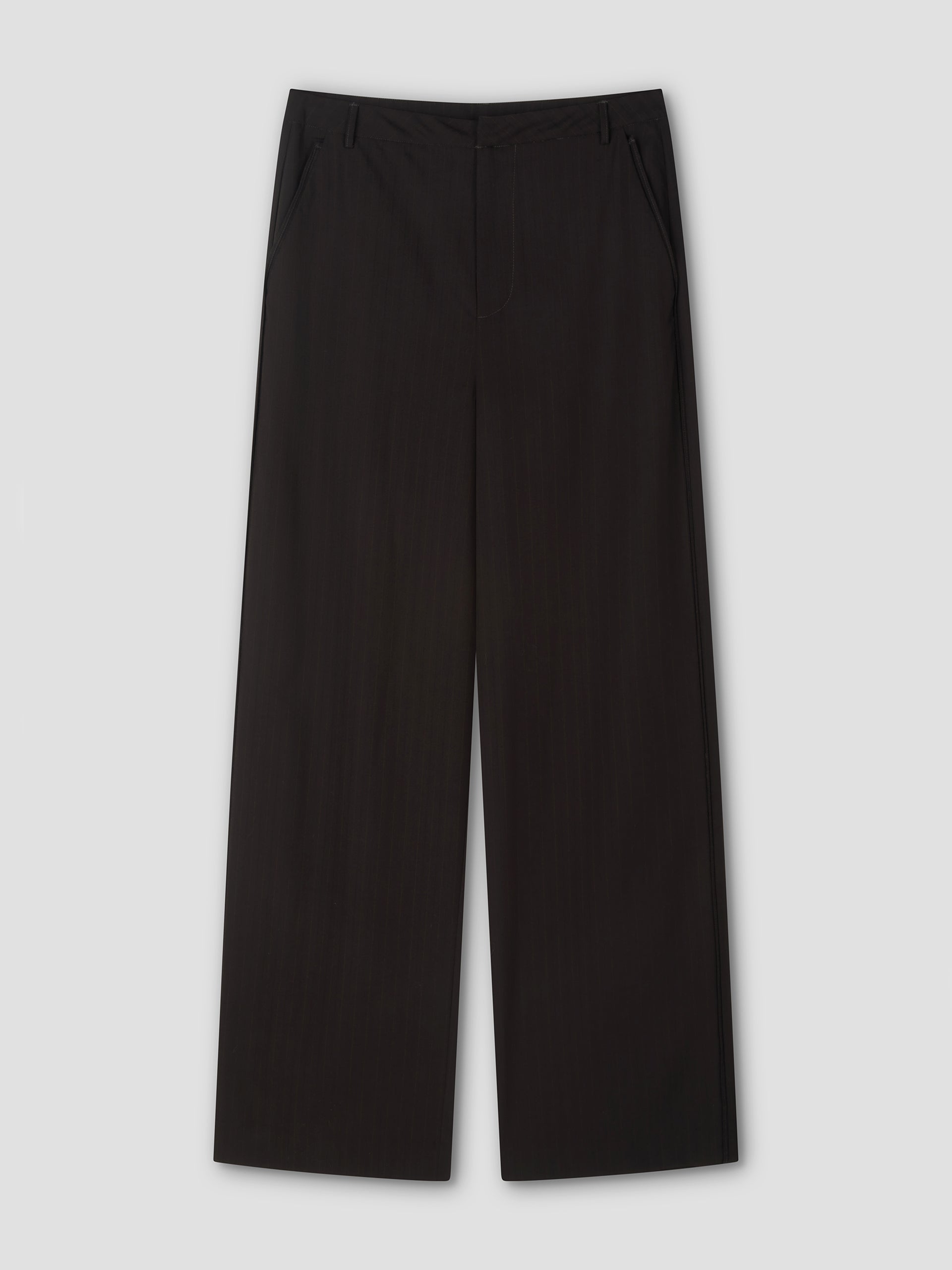 The Bind Pant - Charred Black Stripe features black wide-leg trousers with side pockets, belt loops, and a front zipper, shown against a plain light gray background.