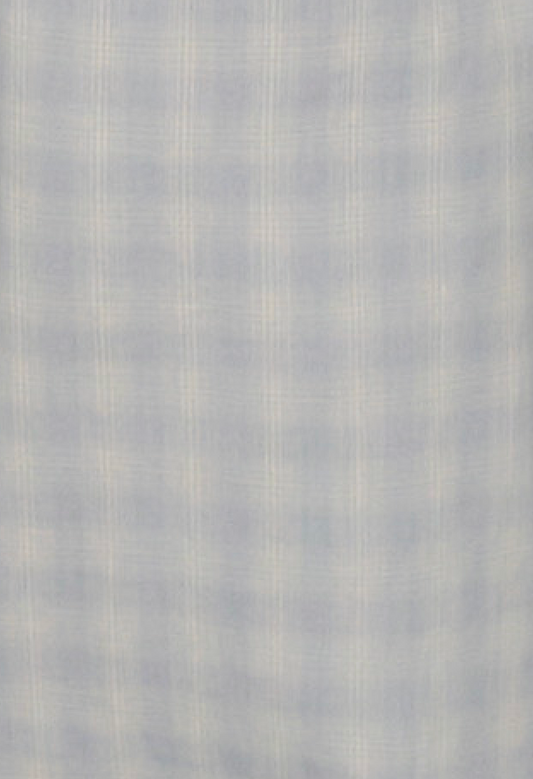 Deiji Studios’ Button Frill Top features a soft, light blue checkered fabric with a subtle plaid design and smooth texture, highlighted by evenly spaced lines for a gentle pattern.