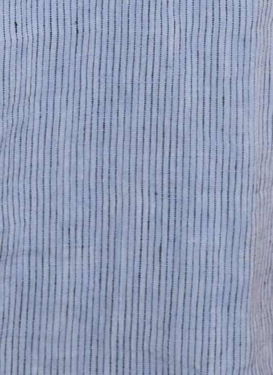 Close-up of the 4 Tie Set - Blue Stripe, featuring light blue French linen with thin vertical black pinstripes and a softly textured, gently wrinkled weave for a relaxed, organic look.