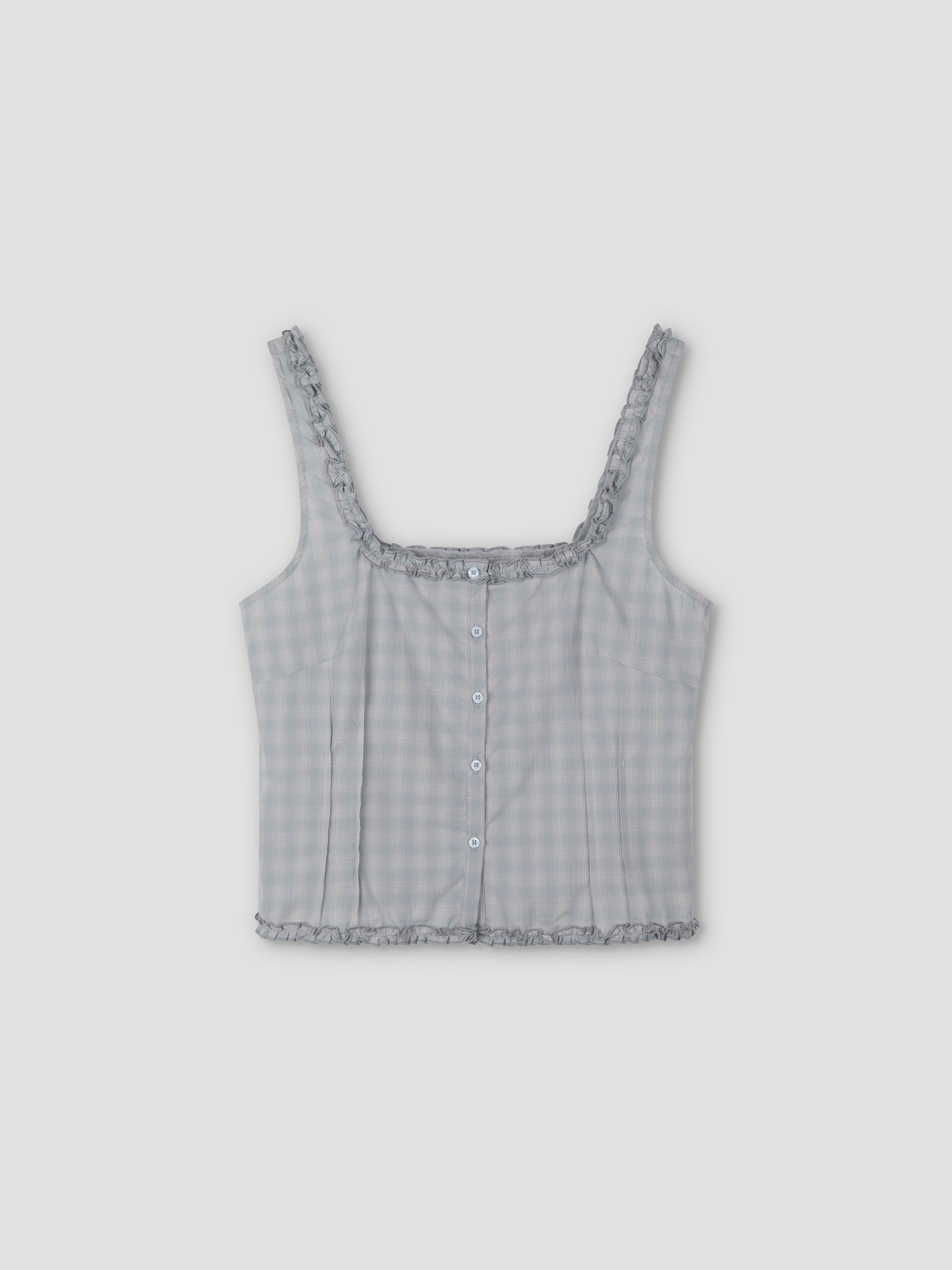 Button Frill Top - Blue Check by Deiji Studios features a light blue and white gingham pattern, thin shoulder straps, square neckline, ruffle trim, front button closure, and a relaxed fit, shown on a plain light gray background.
