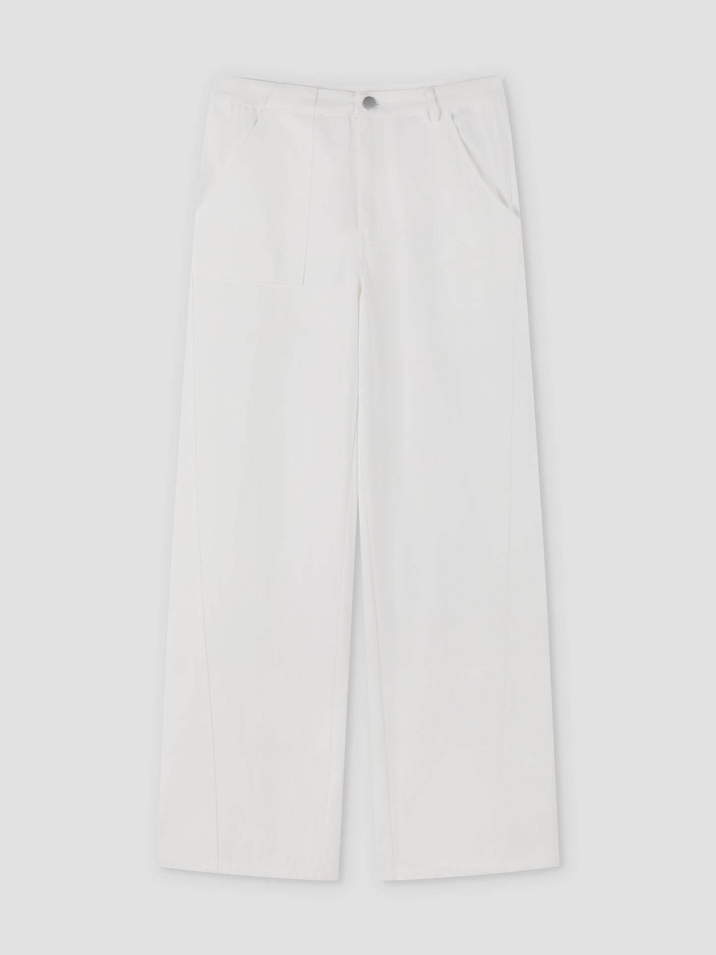 The Pocket Jean - White features a wide-leg fit, button fastening, front seam detail, and side pockets, shown laid flat on a light grey background.