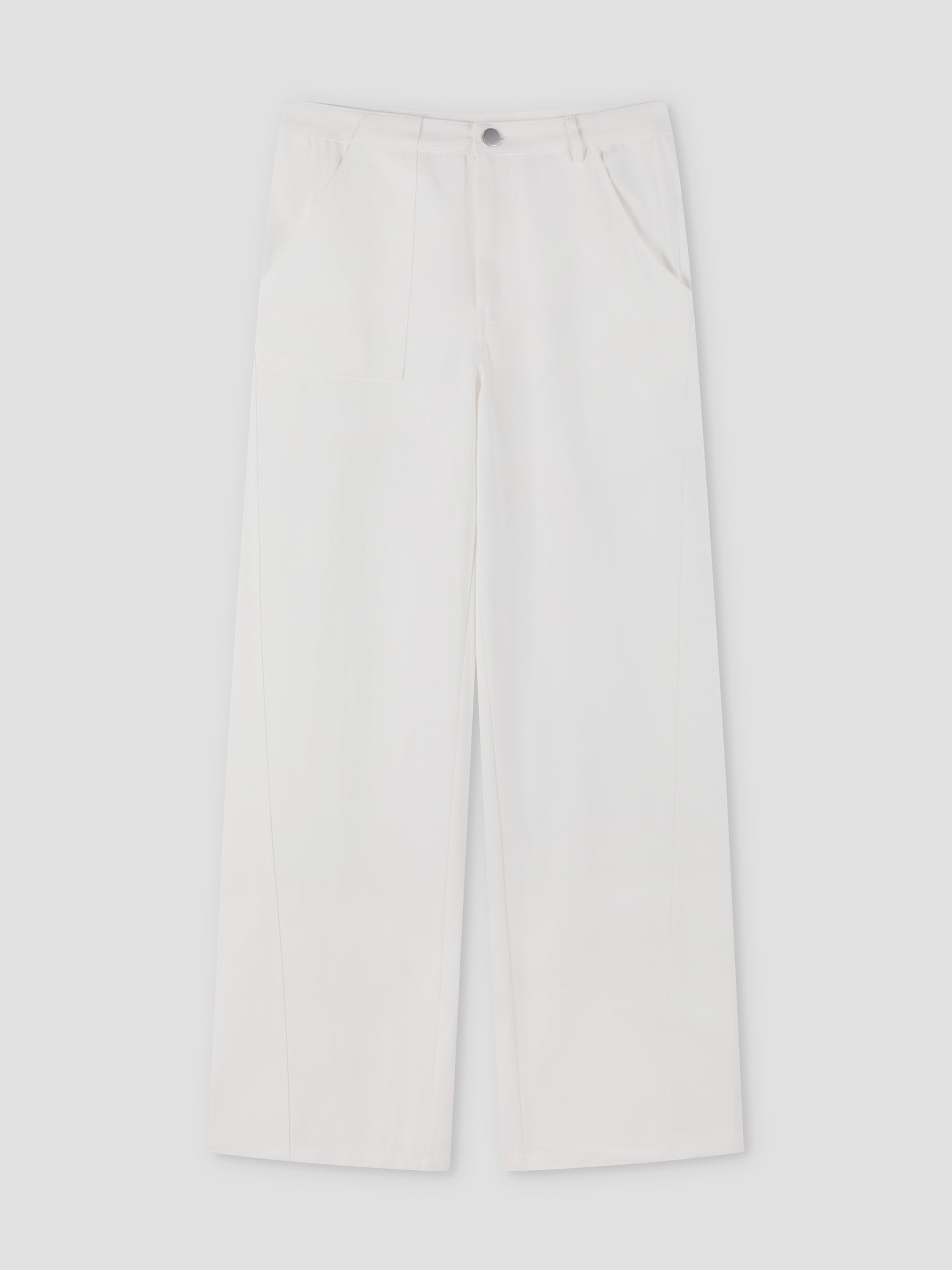The Pocket Jean - White features a wide-leg fit, button fastening, front seam detail, and side pockets, shown laid flat on a light grey background.