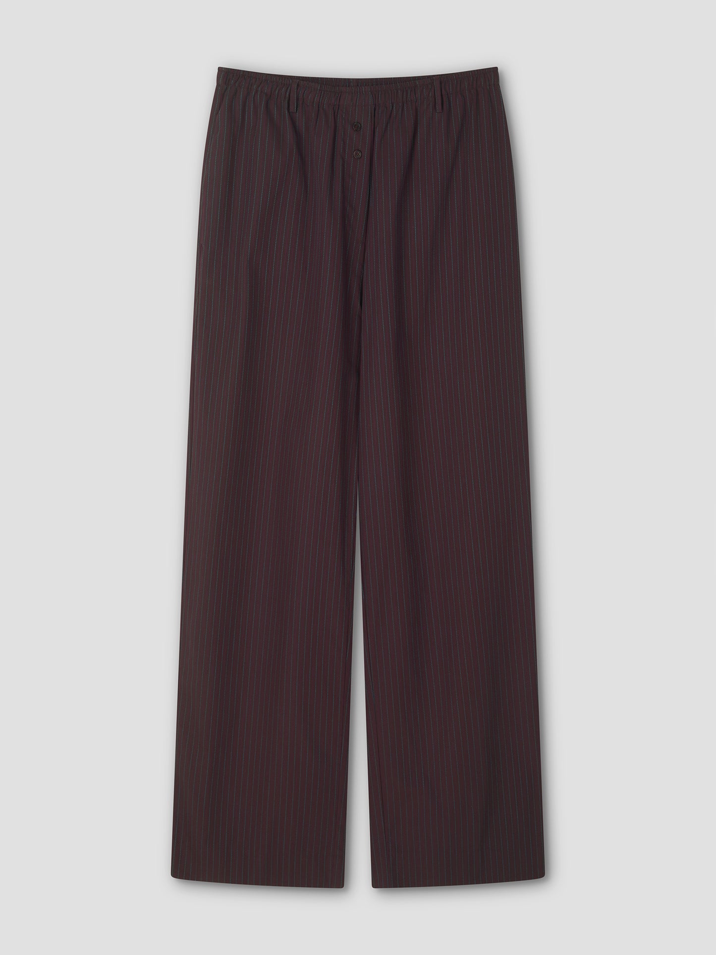 The Double Button Pant - Brown Stripe by Deiji Studios features a loose fit, straight legs, elastic waistband, and subtle brown stripes, shown against a plain light gray background.