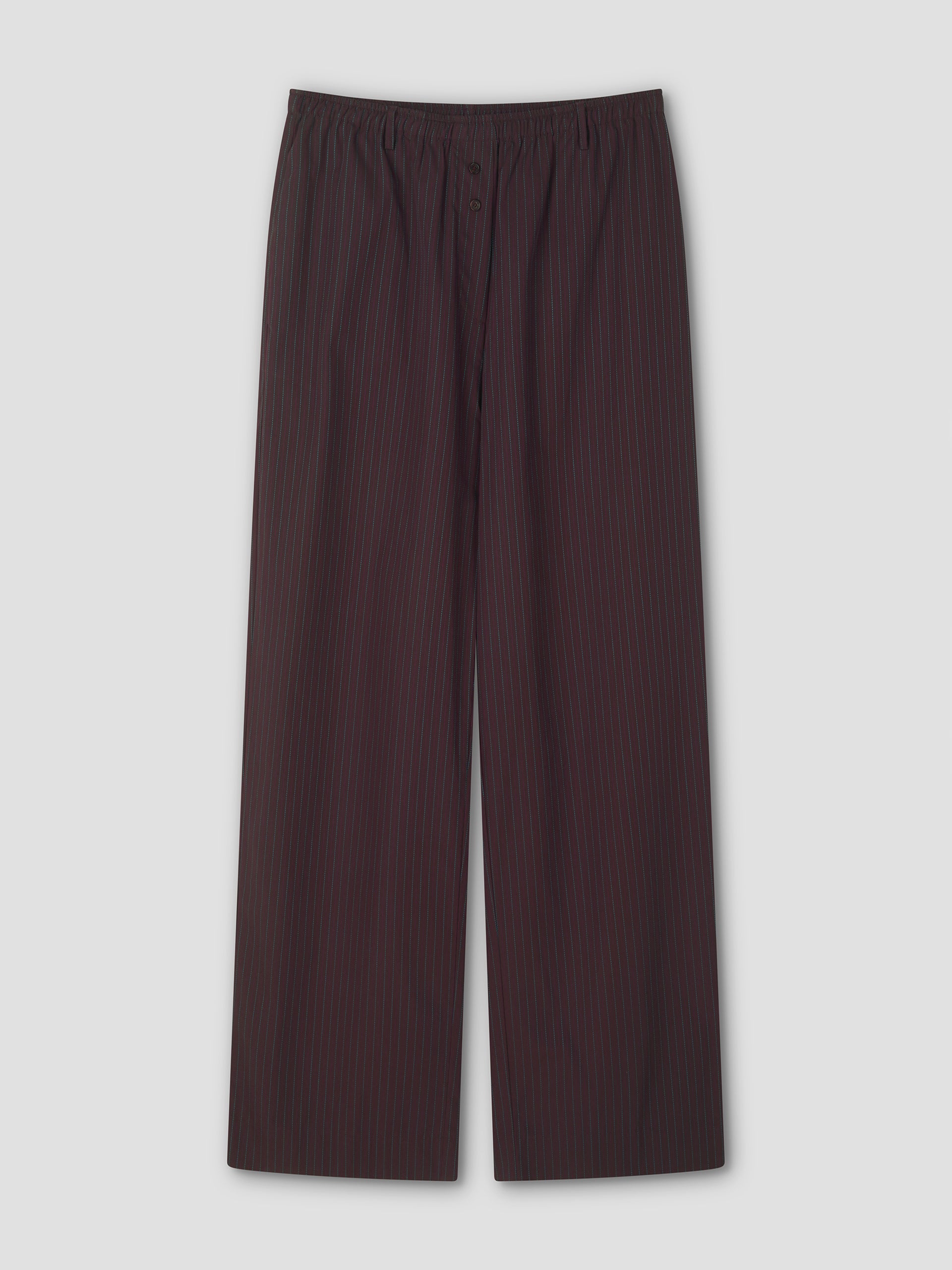The Double Button Pant - Brown Stripe by Deiji Studios features a loose fit, straight legs, elastic waistband, and subtle brown stripes, shown against a plain light gray background.