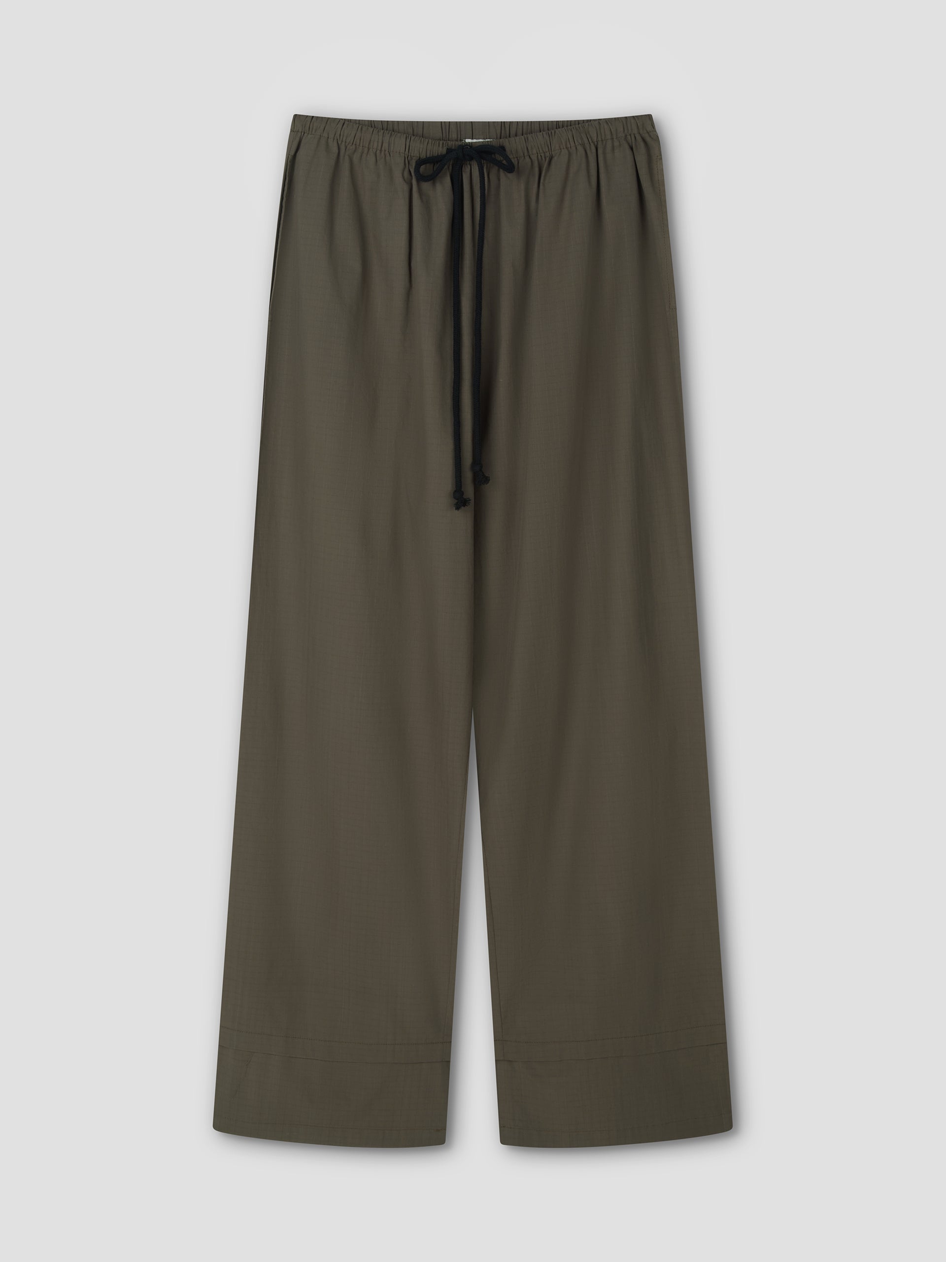Loose-fitting Layered Pant - Khaki Check featuring a wide leg, elastic waistband, and black drawstring, displayed flat on a light gray background.