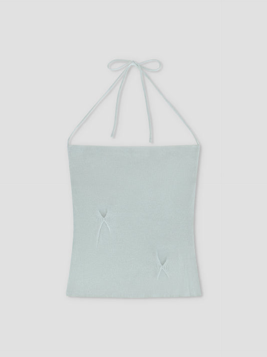 The Fine Knot Tank - Ice Blue by Deiji Studios is a light blue halter tank with thin neck tie straps and two subtle star-shaped gathers on the front, crafted from recycled polyester and shown laid flat on a white background.