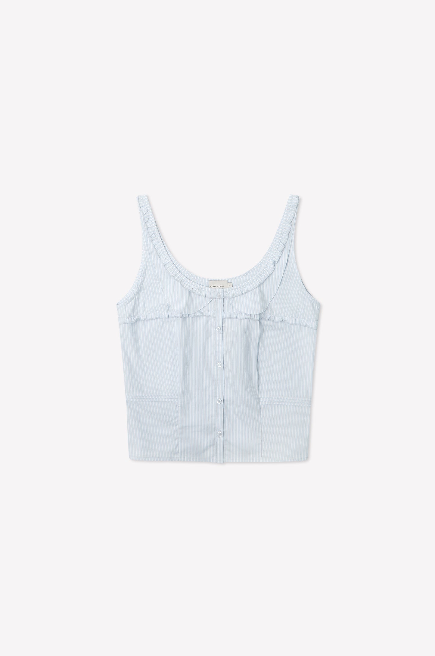The Frills Top - Mist Stripe by Deiji Studios is a light blue and white pinstriped cotton poplin crop tank with a scoop neckline, front buttons, sleeveless cut, and subtle frill detailing, shown on a plain white background.
