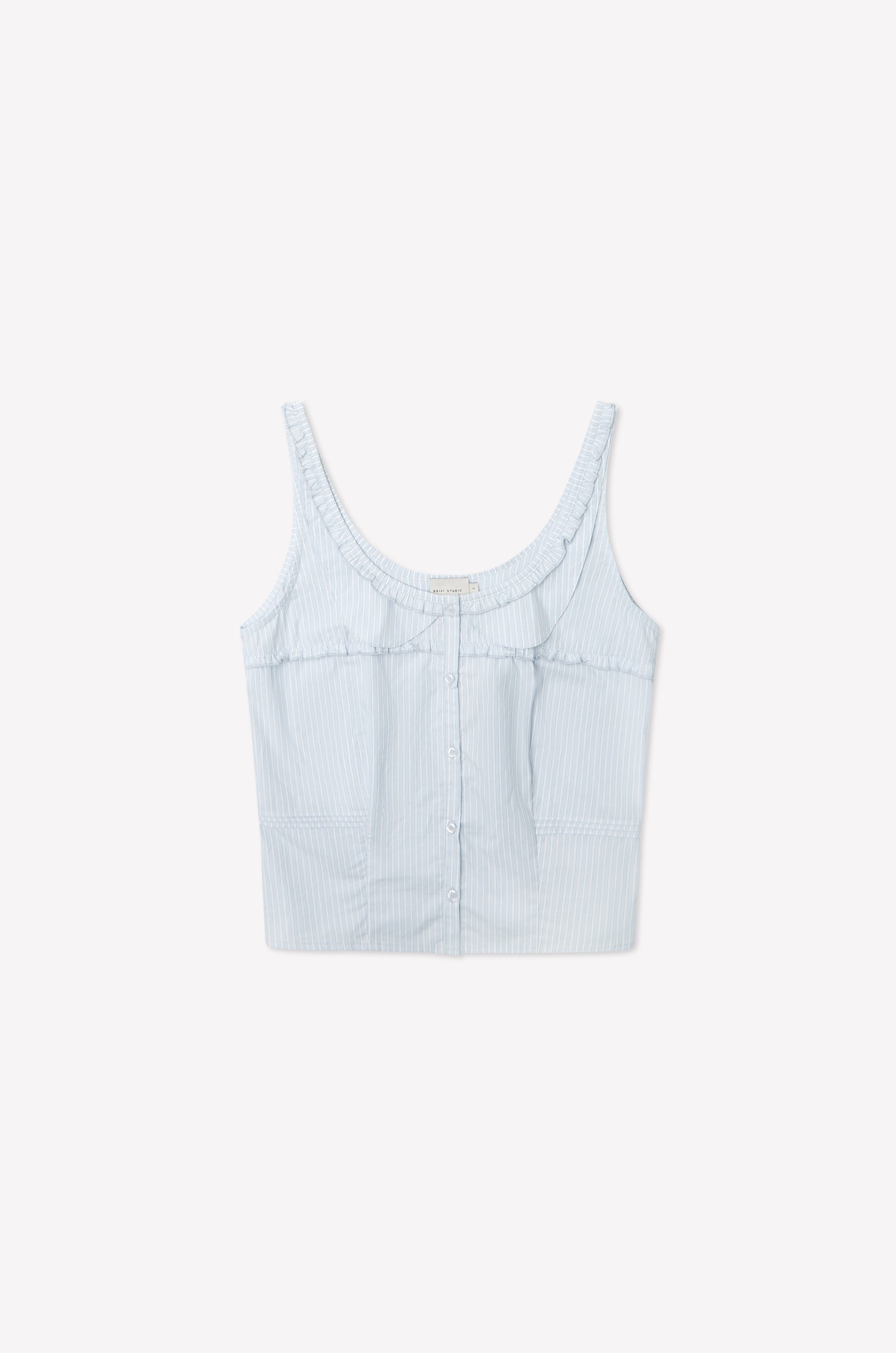 The Frills Top - Mist Stripe by Deiji Studios is a light blue and white pinstriped cotton poplin crop tank with a scoop neckline, front buttons, sleeveless cut, and subtle frill detailing, shown on a plain white background.
