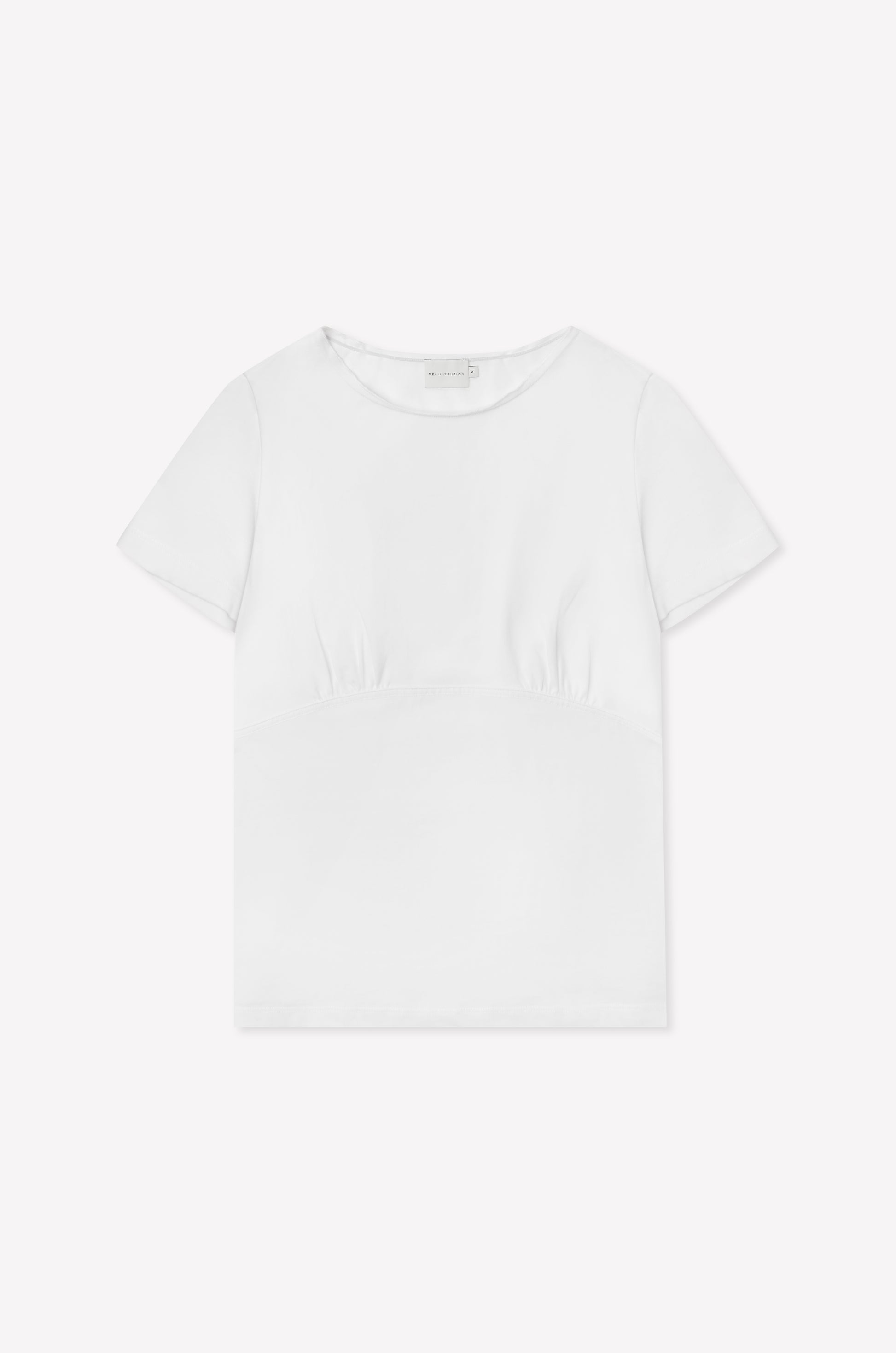 The Tape Tee - White by Deiji Studios is a fitted short sleeve top with a round neckline and subtle seam detailing under the bust, shown laid flat on a white background.