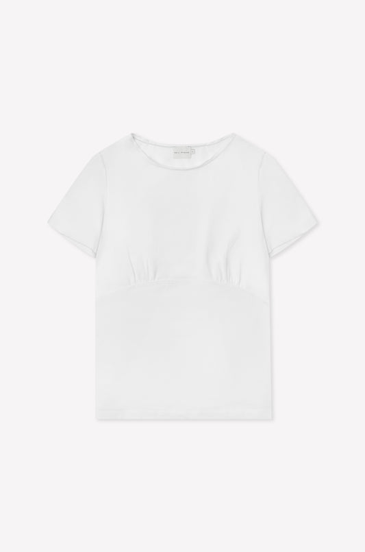 The Tape Tee - White by Deiji Studios is a fitted short sleeve top with a round neckline and subtle seam detailing under the bust, shown laid flat on a white background.