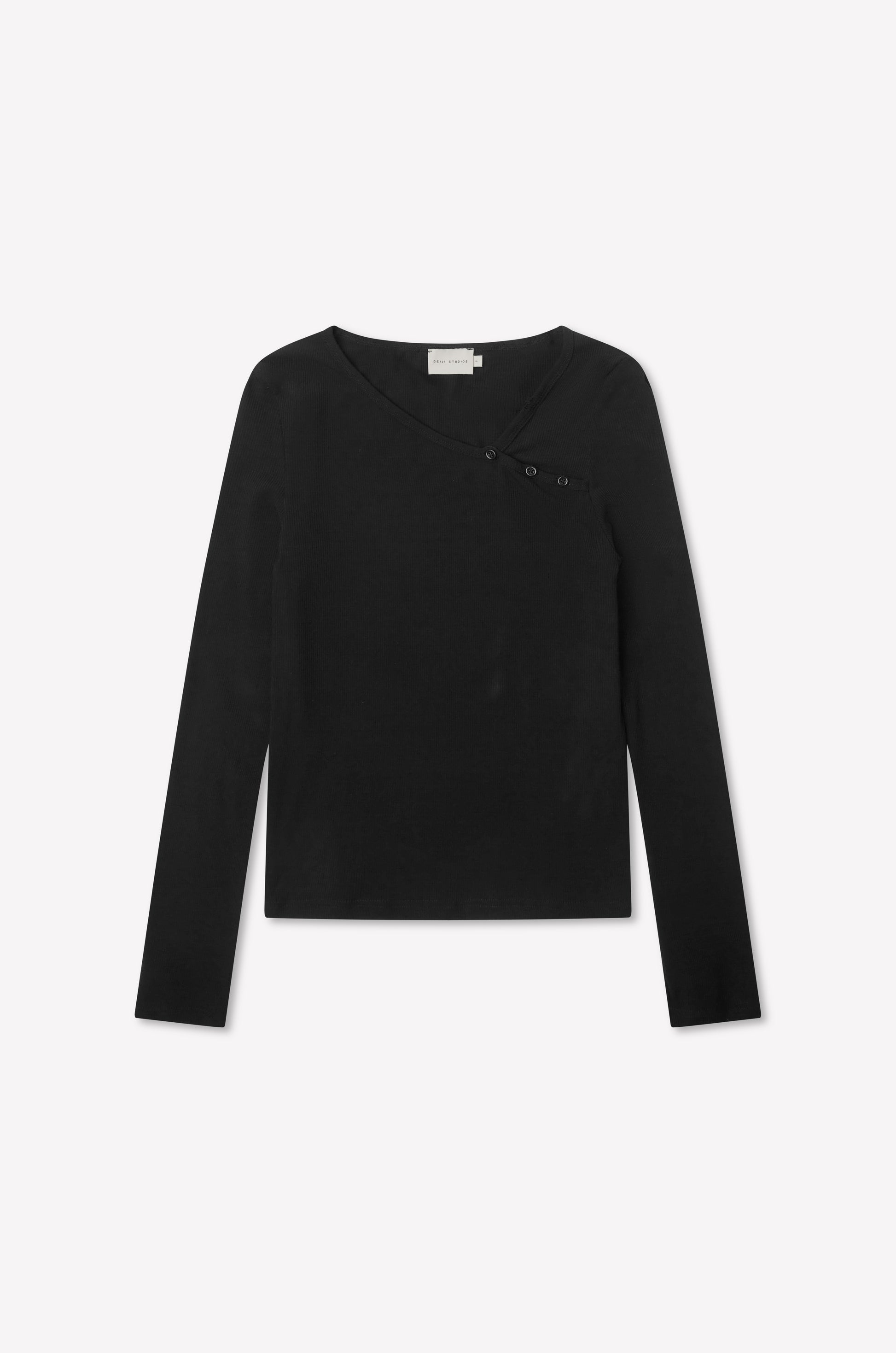 The Multi Button Top - Black is a fitted long sleeve jersey featuring an asymmetric scoop neckline and decorative multi-button detail by the right shoulder, shown against a plain white background.
