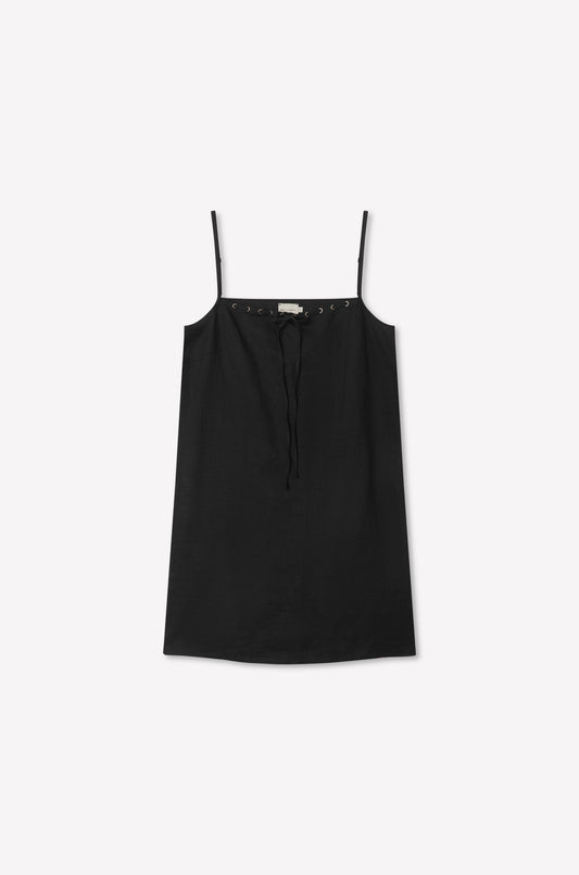 The Weave Mini - Black is a sleeveless camisole top with thin adjustable straps and a tie detail at the neckline, shown on a plain white background.
