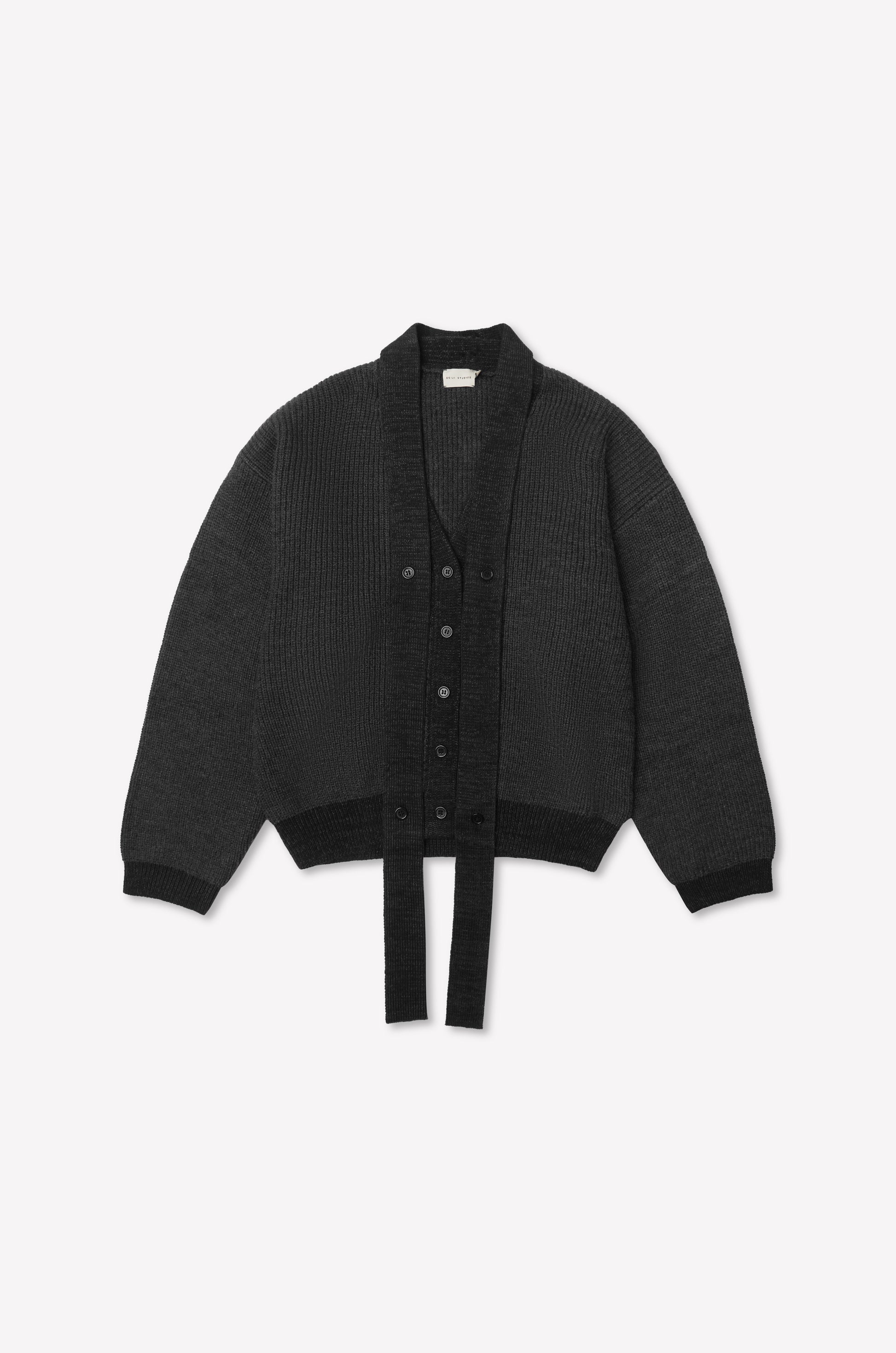 A Split Cardigan - Black Contrast, oversized with long sleeves, ribbed texture, and matching waist tie, is displayed flat on a plain white background.